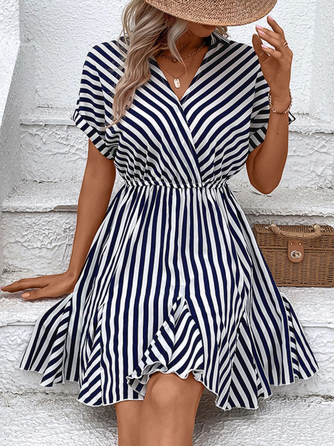 Striped Johnny Collar Mini Dress - Whiicka
