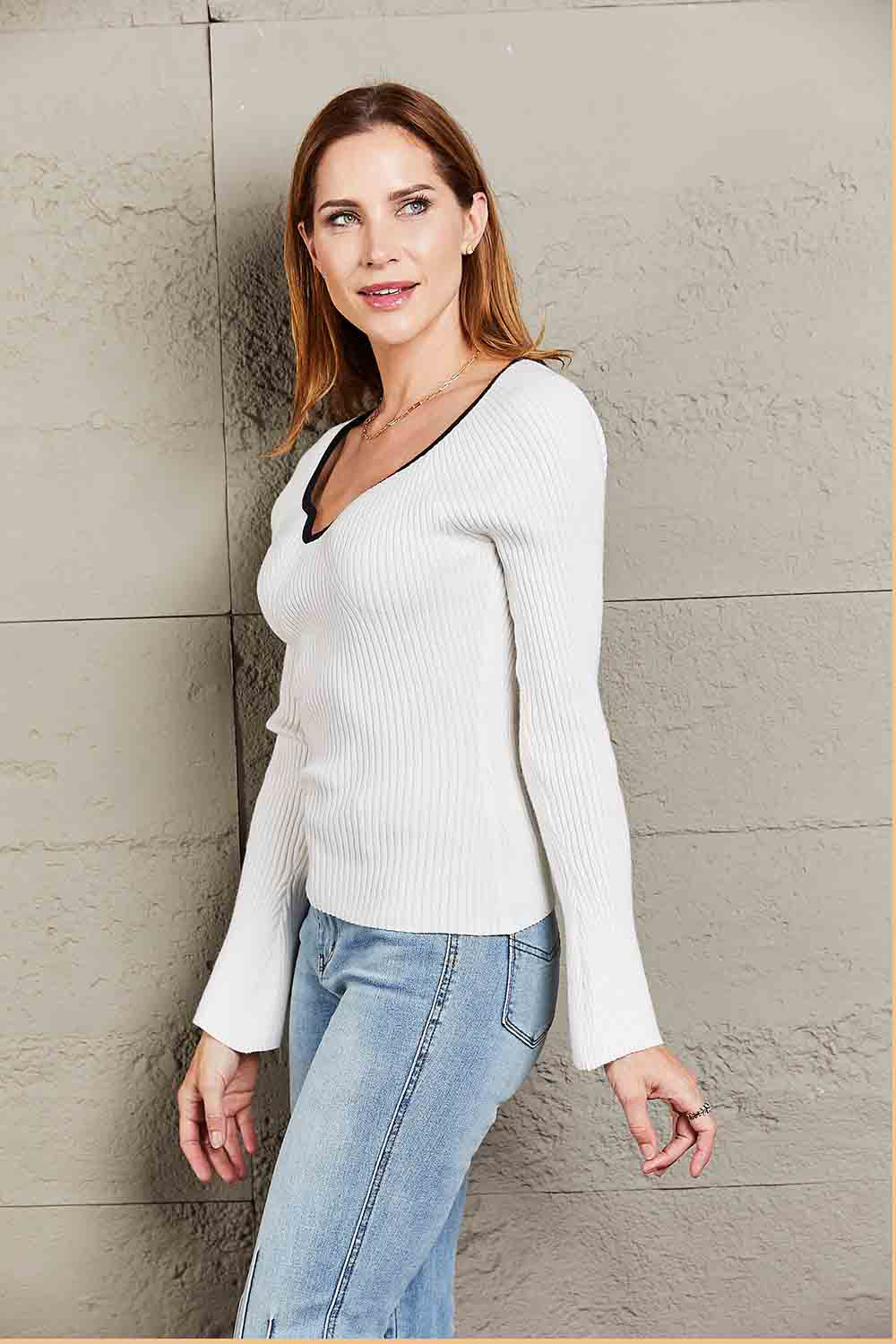 Contrast Sweetheart Neck Ribbed Top - Whiicka