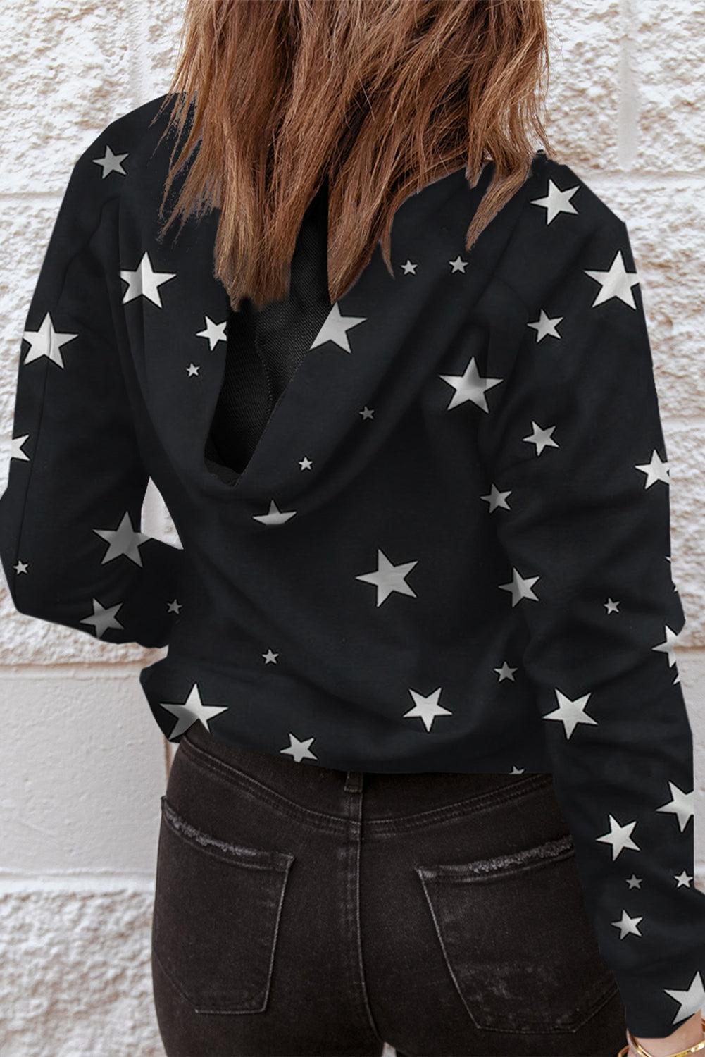 Black Star Print Lace-Up Hoodie - Whiicka
