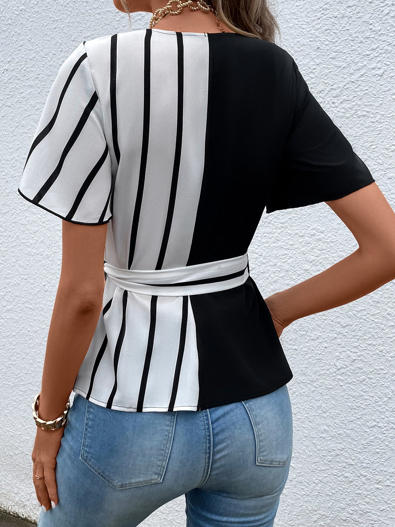 Waist Tie Flutter Sleeve Blouse - Whiicka