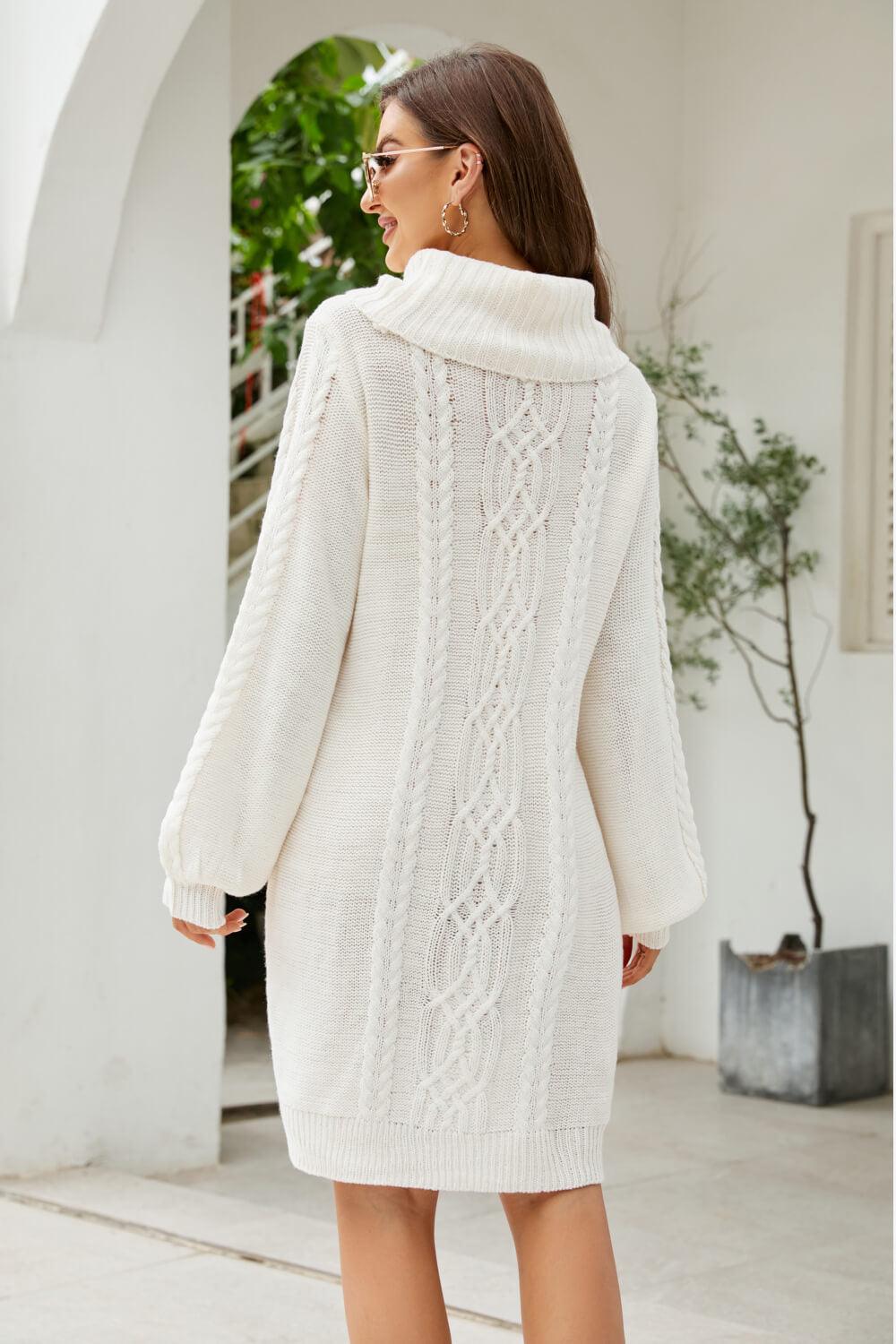 Mixed Knit Turtleneck Lantern Sleeve Sweater Dress - Whiicka