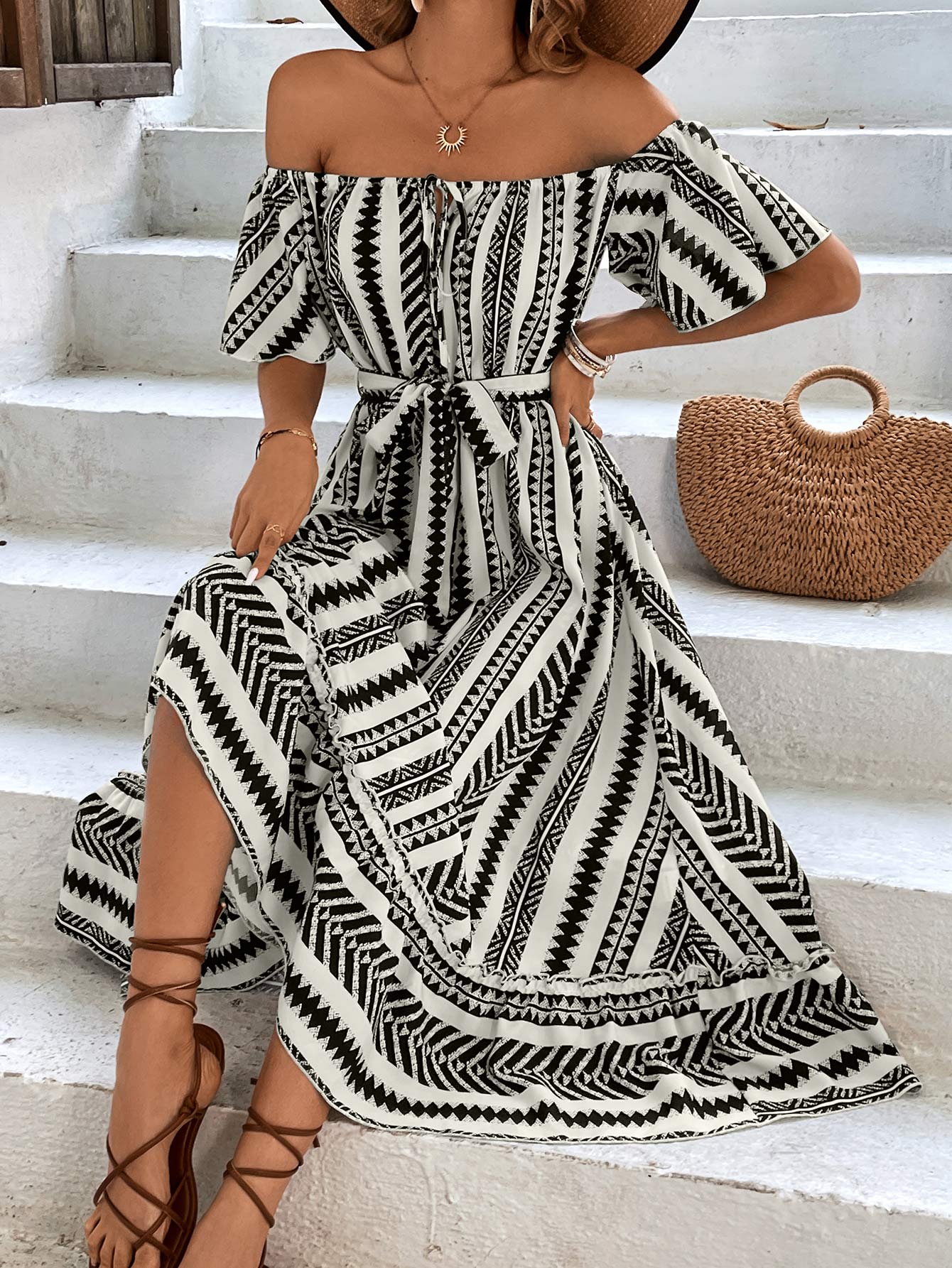 Off-Shoulder Tie Belt Midi Dress - Whiicka