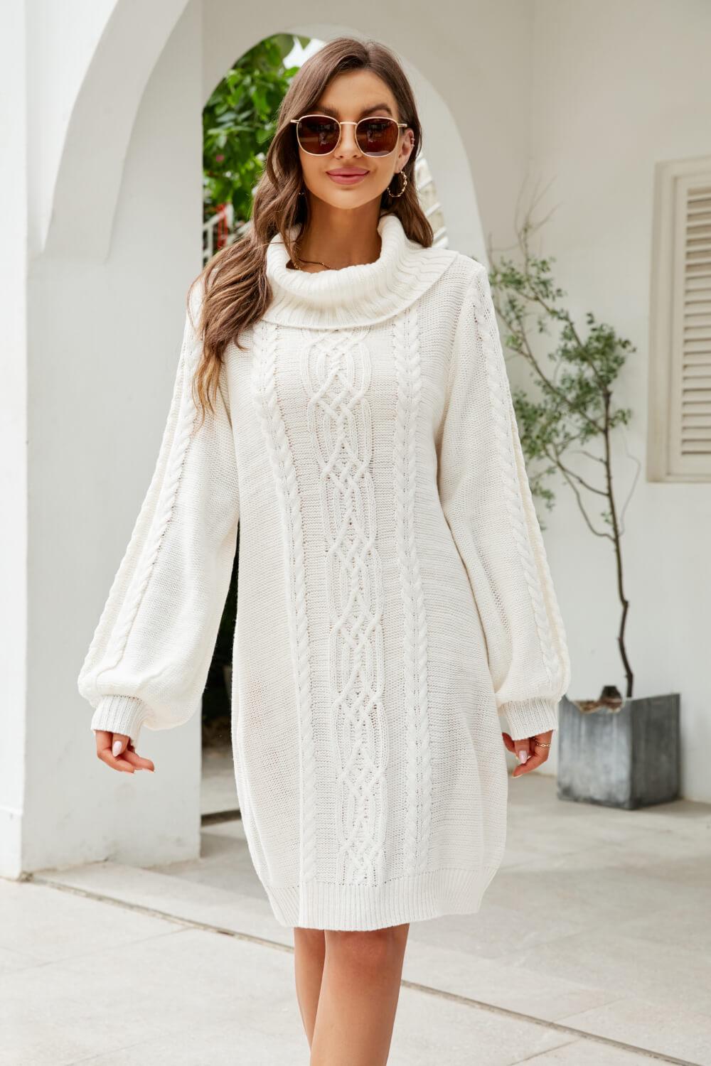 Mixed Knit Turtleneck Lantern Sleeve Sweater Dress - Whiicka