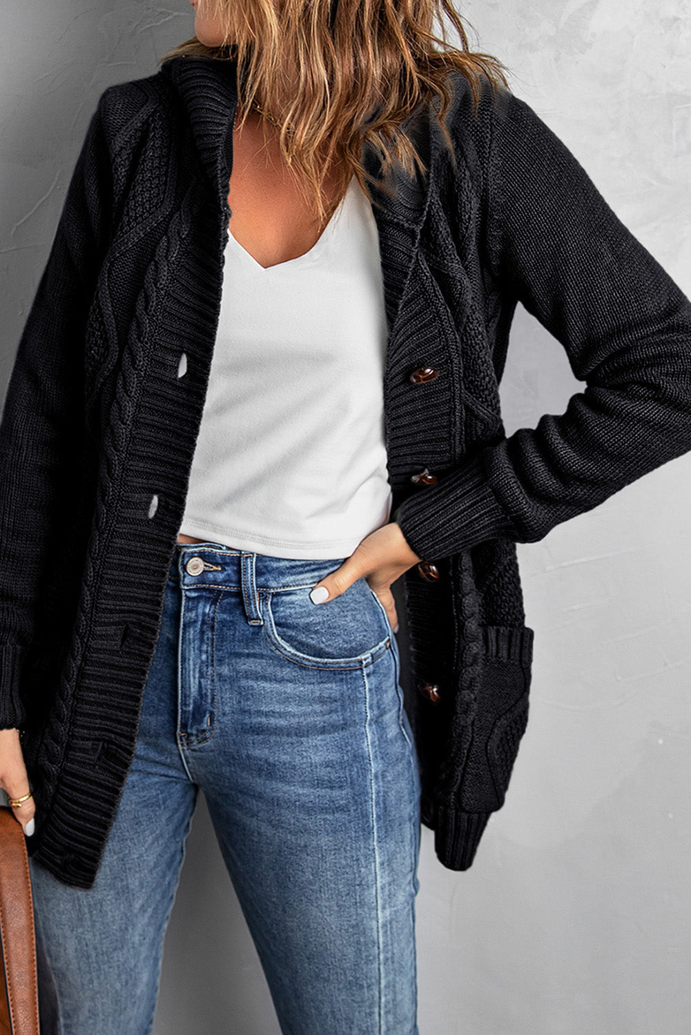 Black Button Front Hooded Cardigan with Pockets - Whiicka