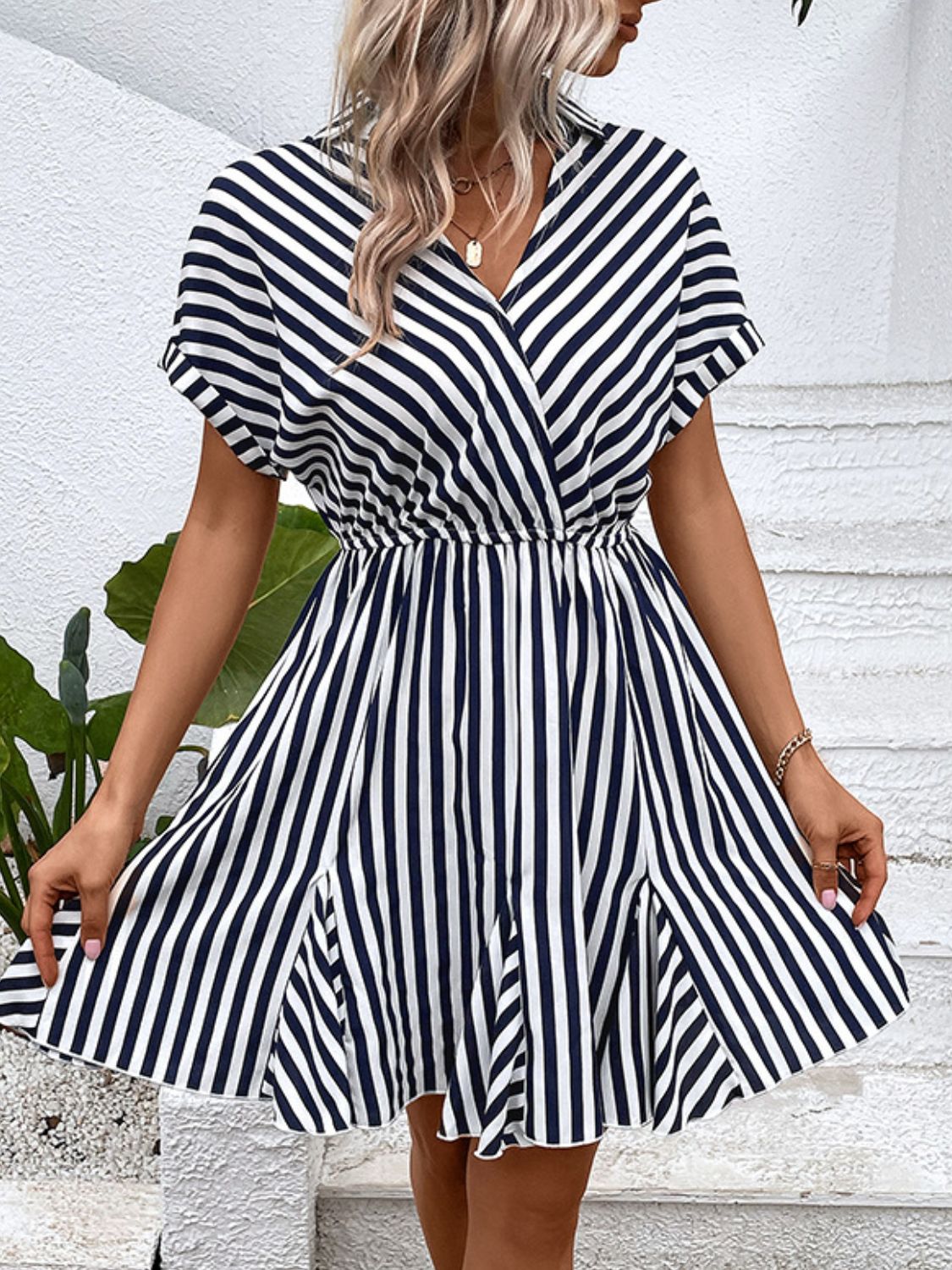 Striped Johnny Collar Mini Dress - Whiicka