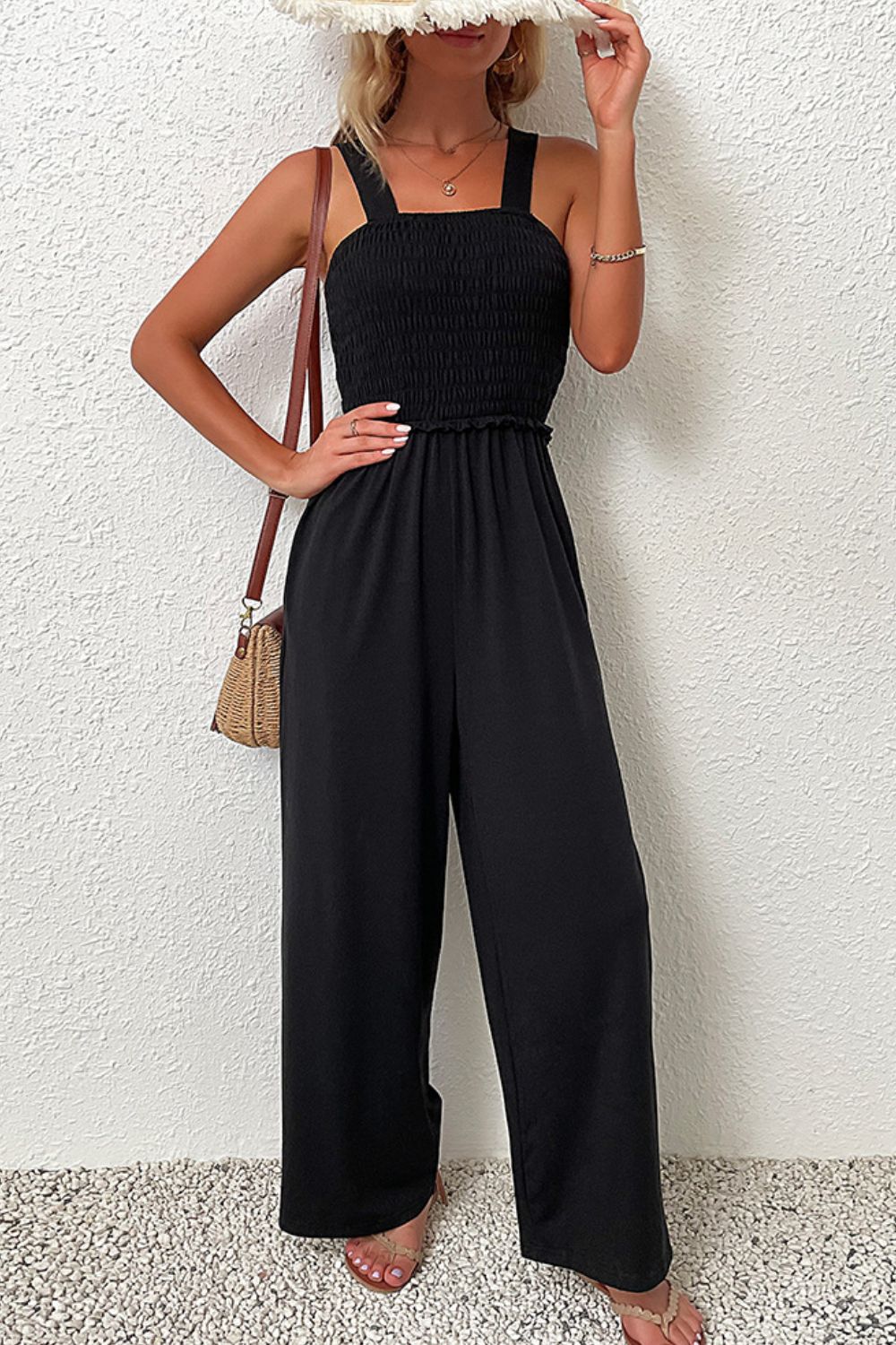 Smocked Sleeveless Wide Leg Jumpsuit with Pockets - Whiicka