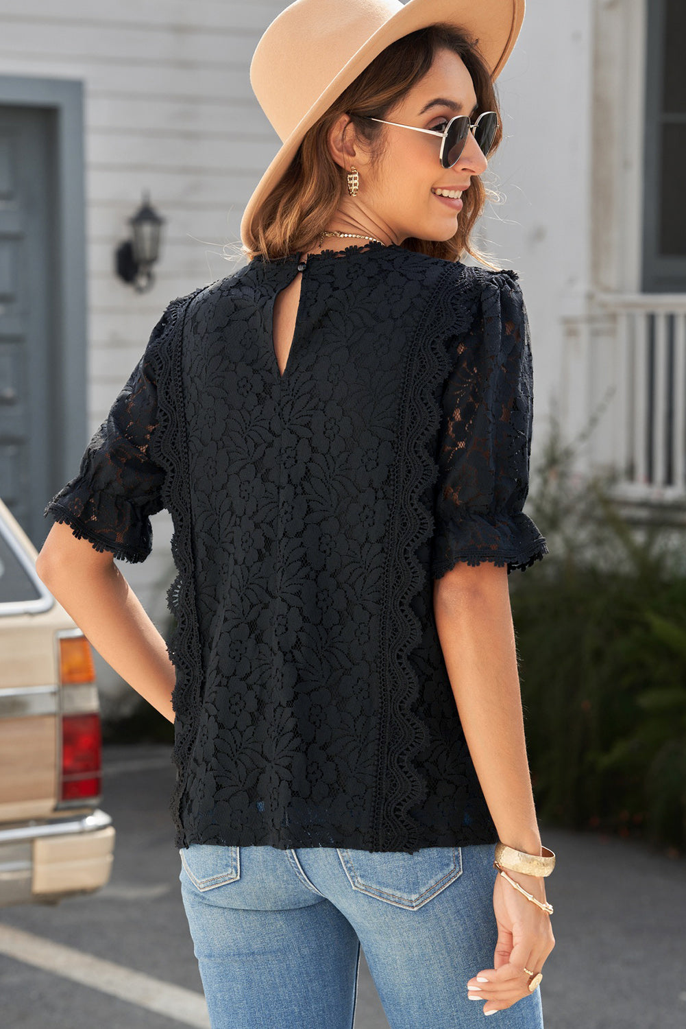 Lace V-Neck Flounce Sleeve Top - Whiicka