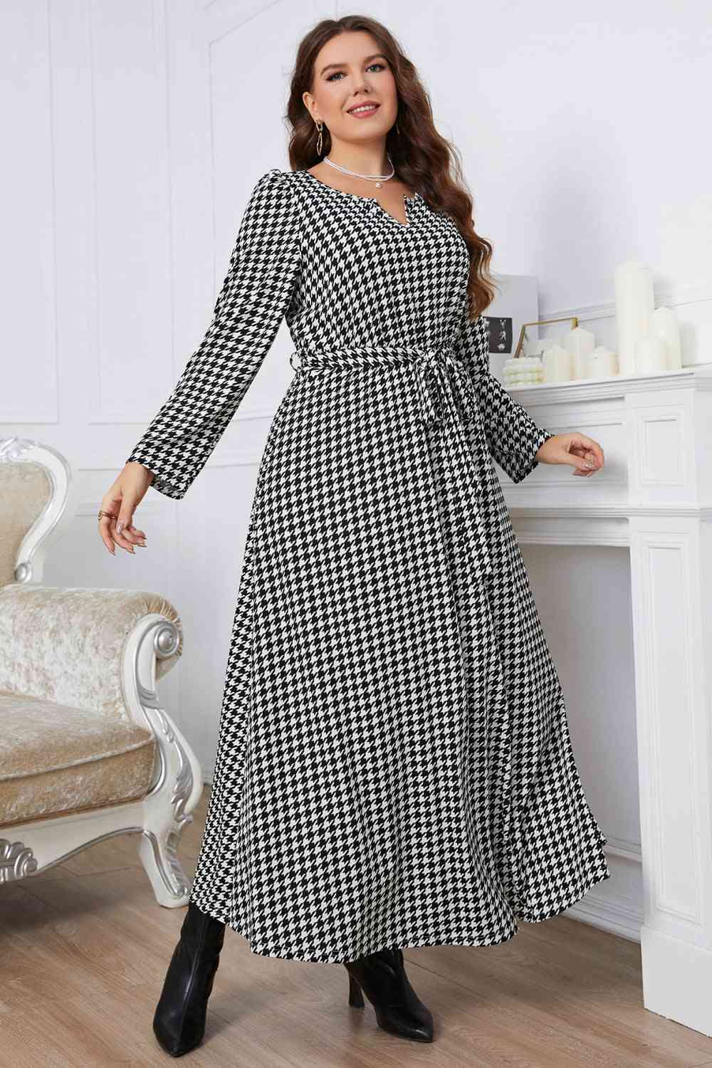 Plus Size  Houndstooth Tie Belt Maxi Dress