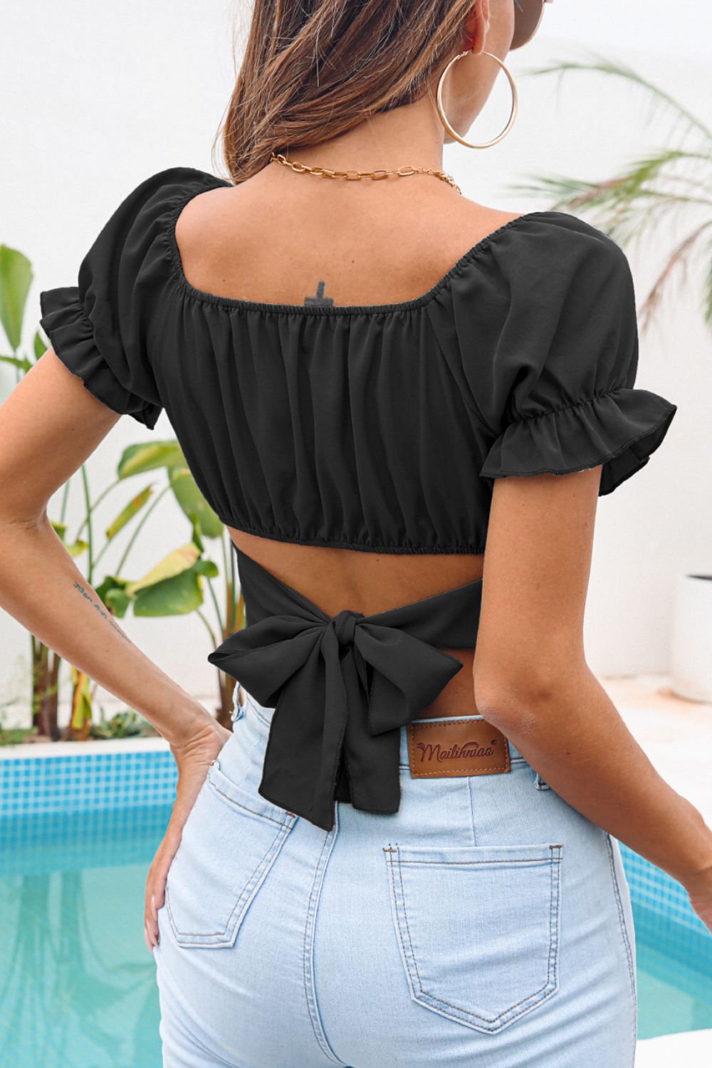 Ruched Square Neck Tie Back Cropped Top - Whiicka