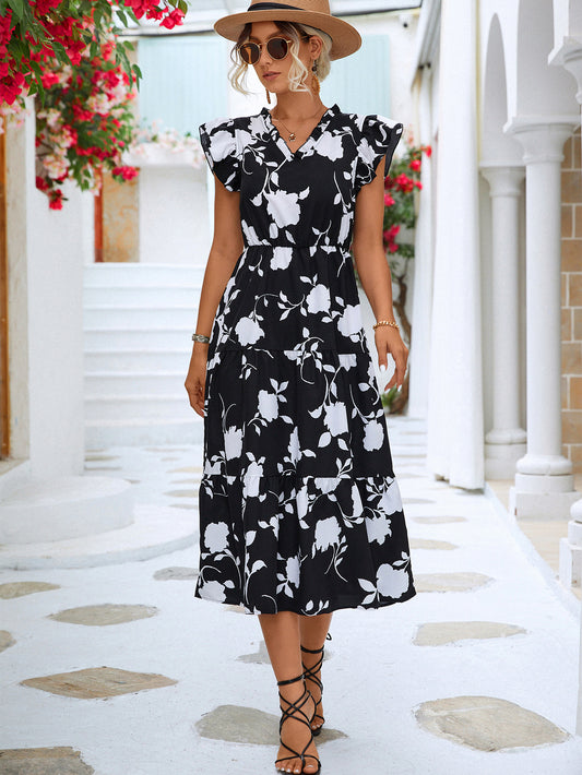 Floral Frill Trim Tiered Midi Dress - Whiicka