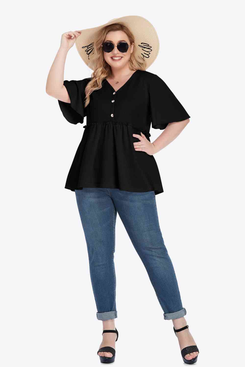 Plus Size Buttoned V-Neck Frill Trim Blouse