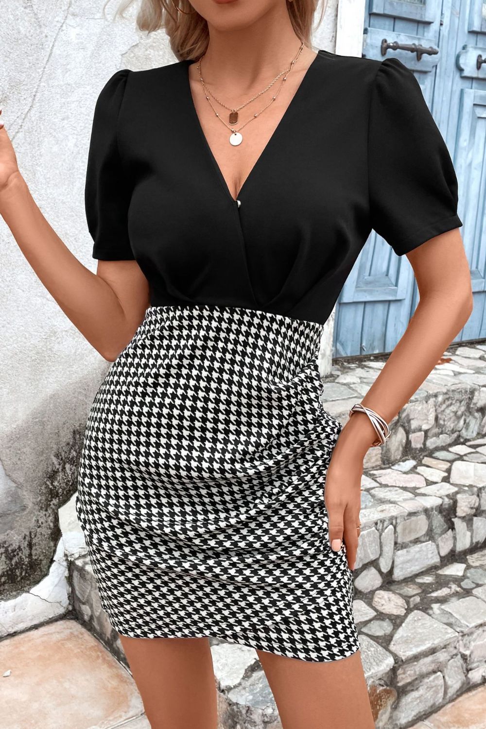 Houndstooth Surplice Neck Puff Sleeve Dress - Whiicka