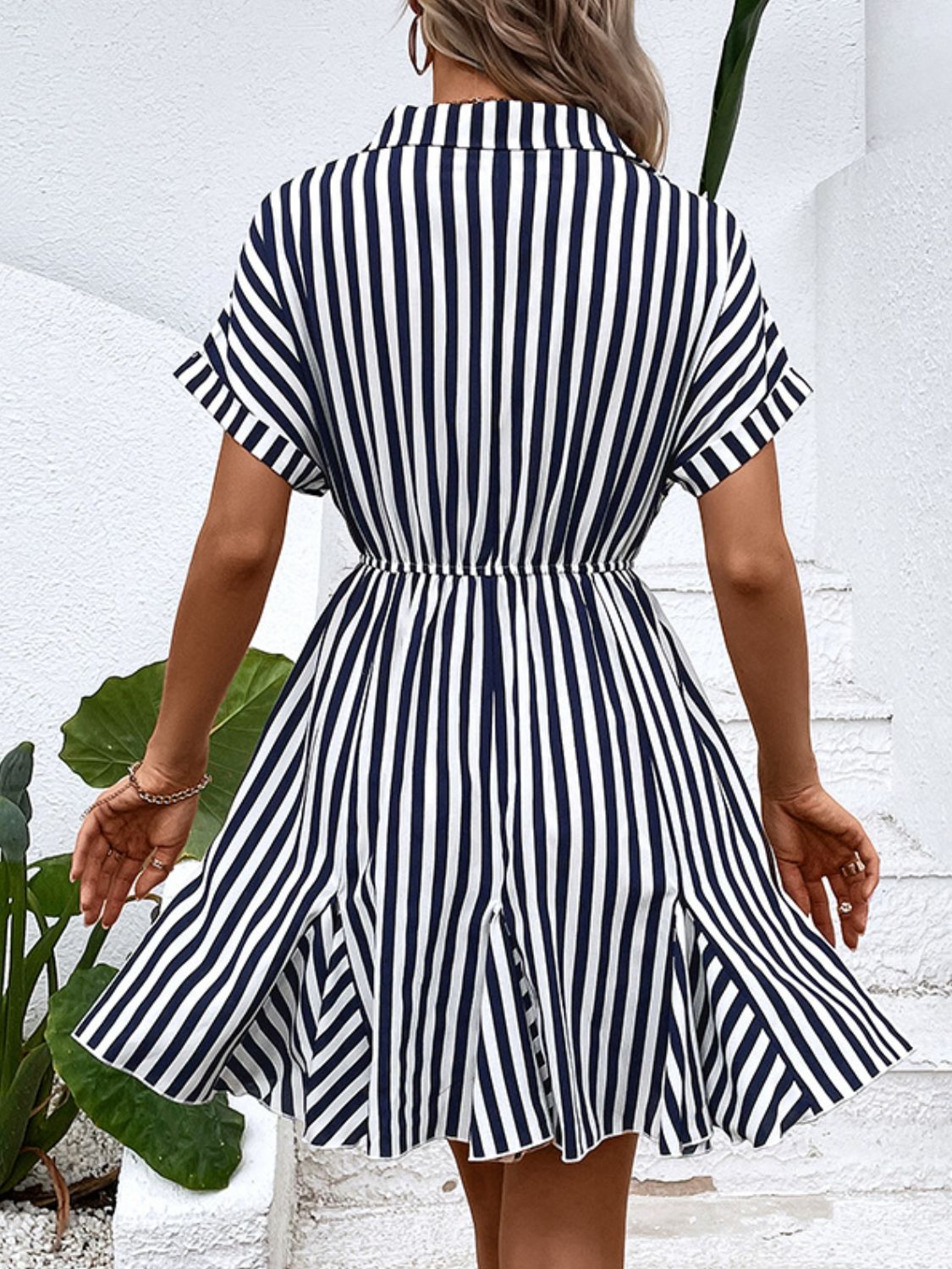 Striped Johnny Collar Mini Dress - Whiicka