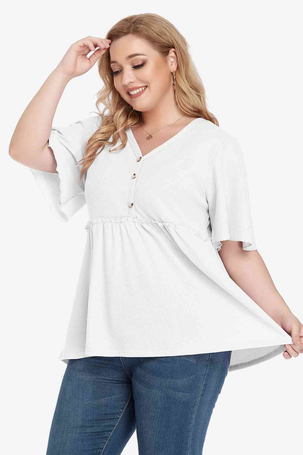 Plus Size Buttoned V-Neck Frill Trim Blouse
