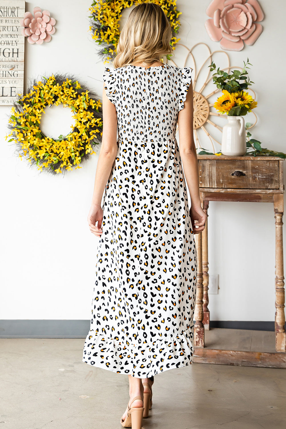 Leopard Print Smocked Ruffle Hem Dress - Whiicka