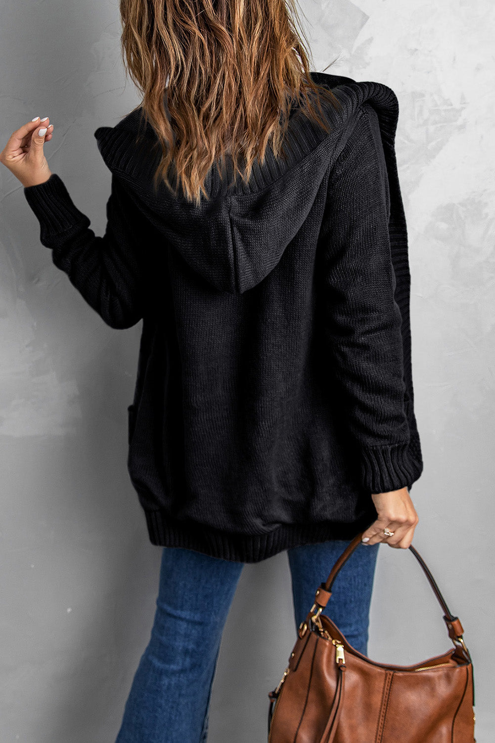 Black Button Front Hooded Cardigan with Pockets - Whiicka