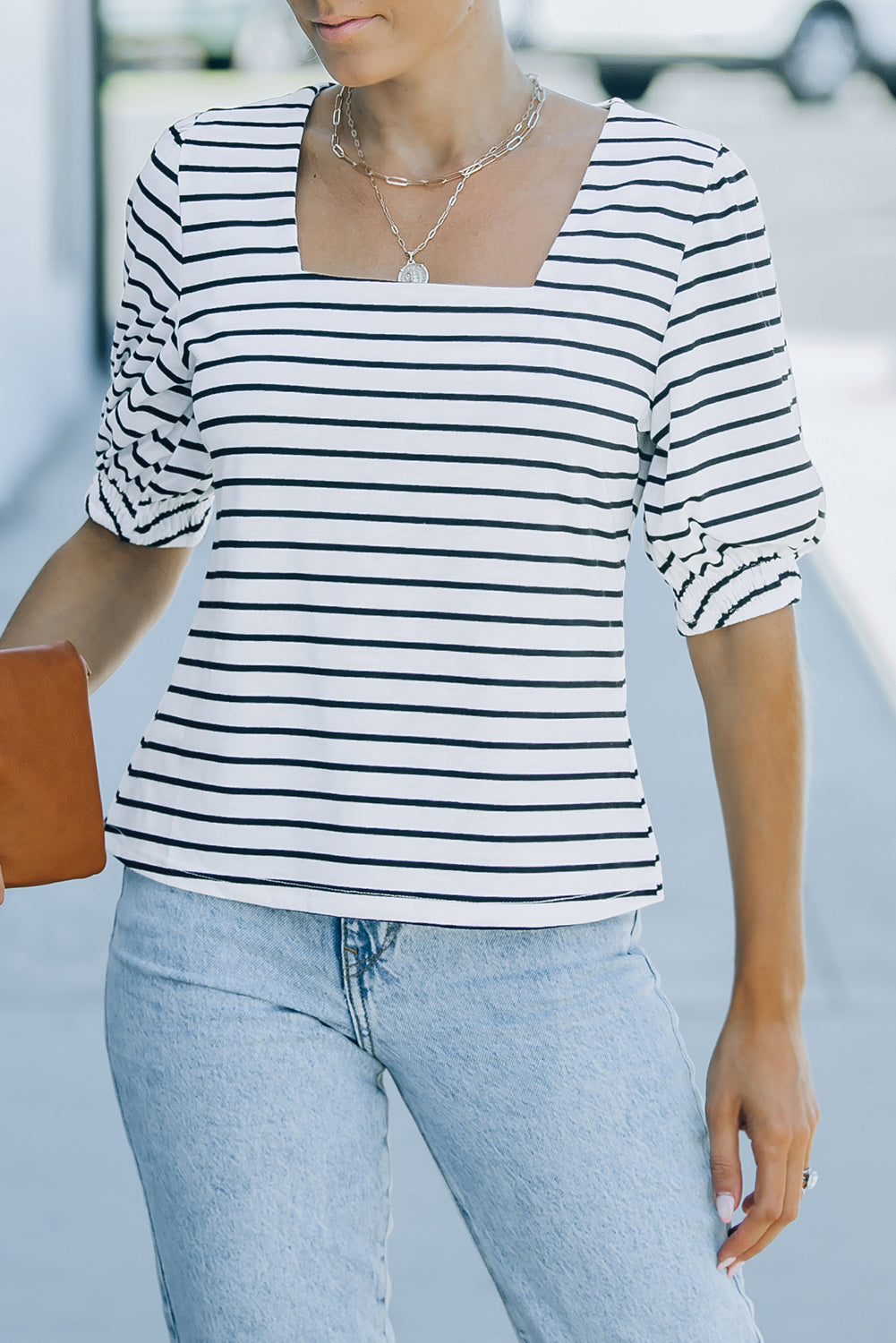 Striped Half Puff Sleeve Square Neck T-Shirt - Whiicka