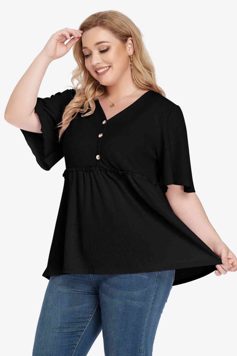 Plus Size Buttoned V-Neck Frill Trim Blouse