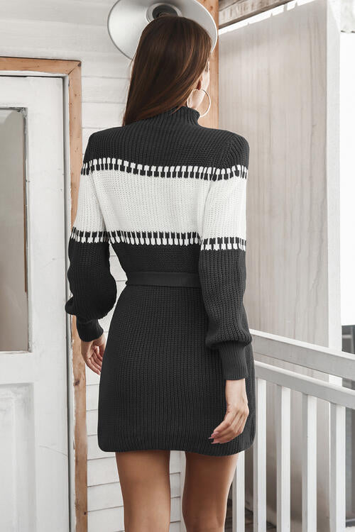 Contrast Tie Front Sweater Dress - Whiicka