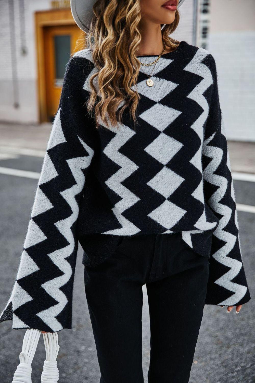 Geometric Slit Flare Sleeve Round Neck Sweater - Whiicka