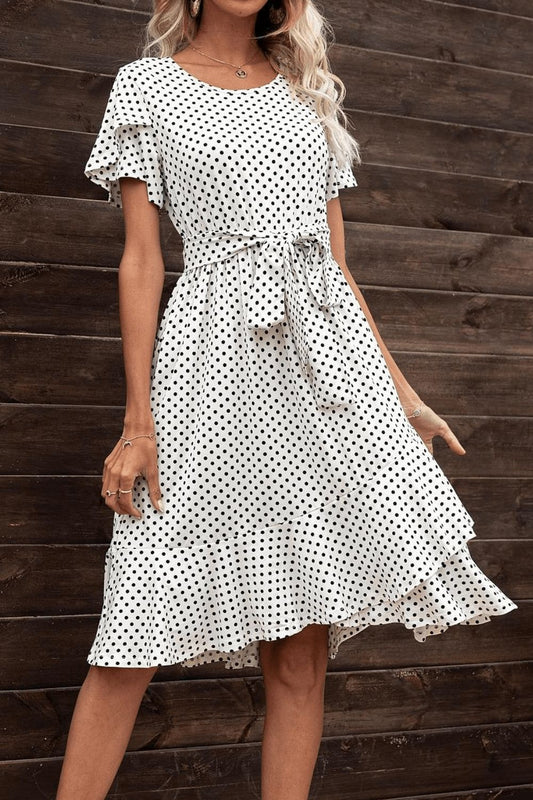 Tie Waist Petal Sleeve Ruffle Hem Dress - Whiicka