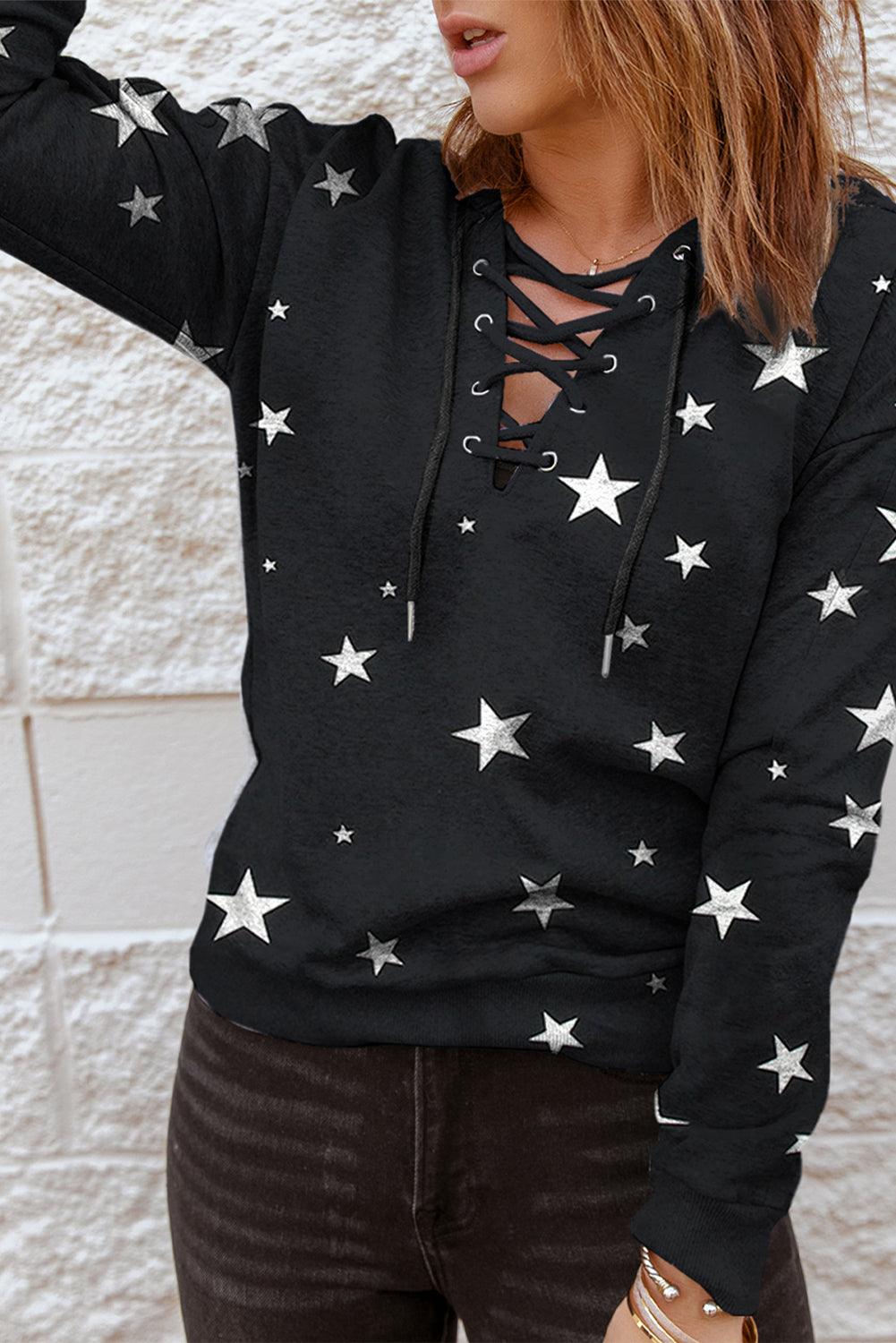Black Star Print Lace-Up Hoodie - Whiicka